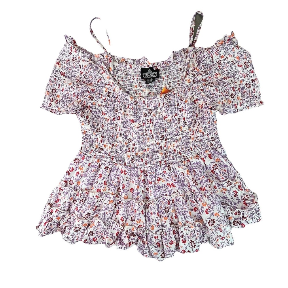 Angie Juniors M White Purple Orange Floral Print Smocked Short Top w/Ruffle NWT